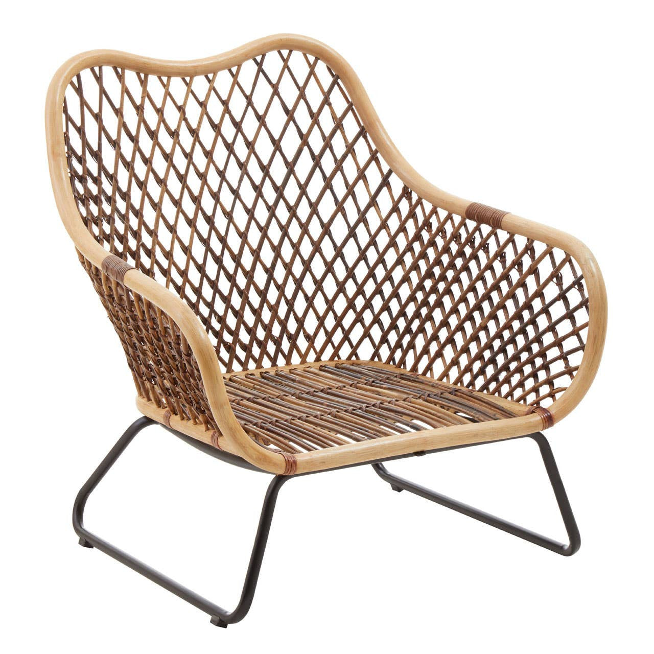 Marano Black Iron Frame Rattan Chair side profile showing contrast of rattan and black metal
