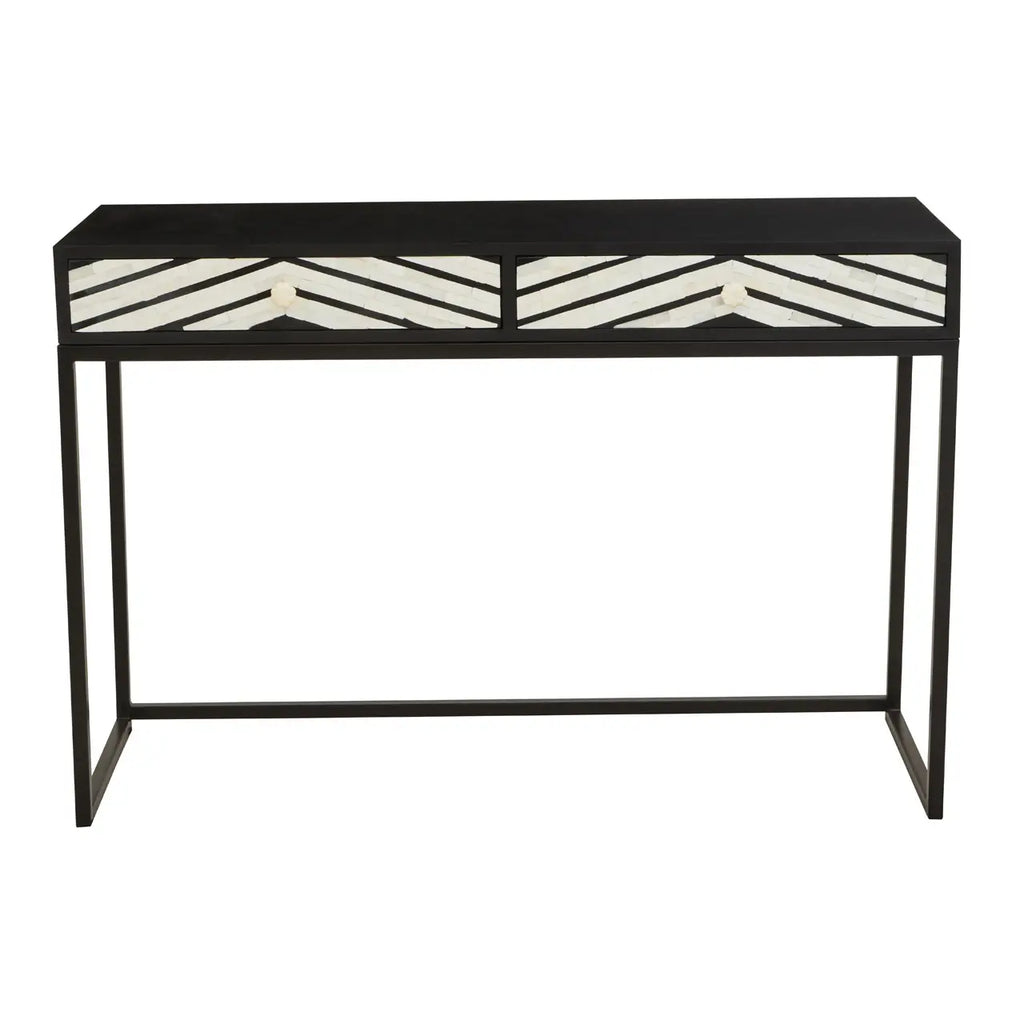 Axis Two Drawer Console Table – hand-laid bone inlay angular pattern, front view