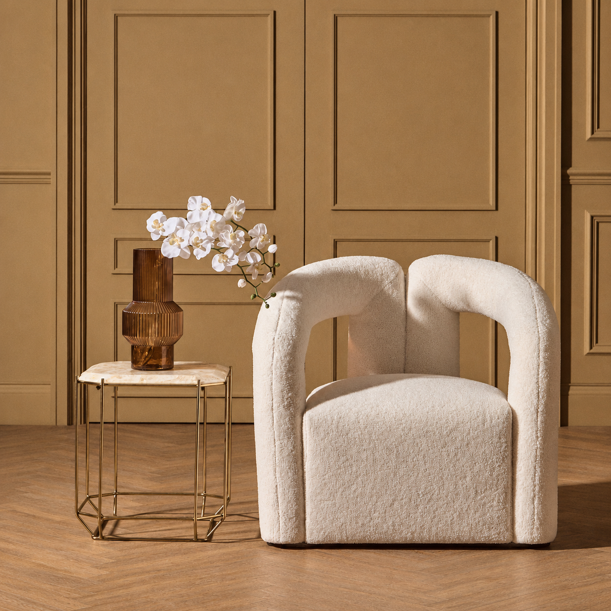 Diana Ivory Boucle Statement Chair – front view of sculptural armchair