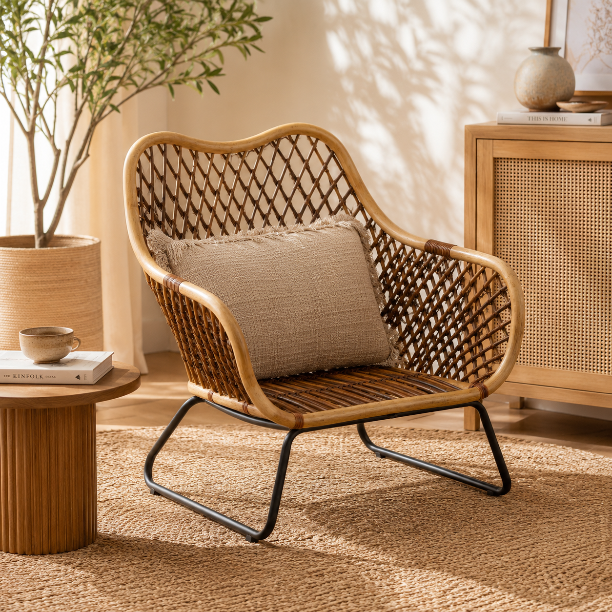 Marano Black Iron Frame Chair – handwoven rattan with black powder-coated frame, front view