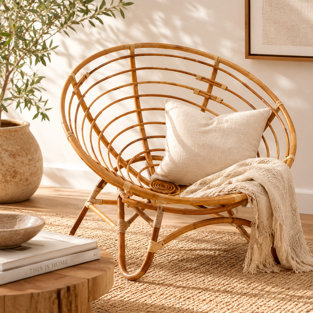 Marano Papasan Natural Rattan Chair – front view of rounded rattan silhouette