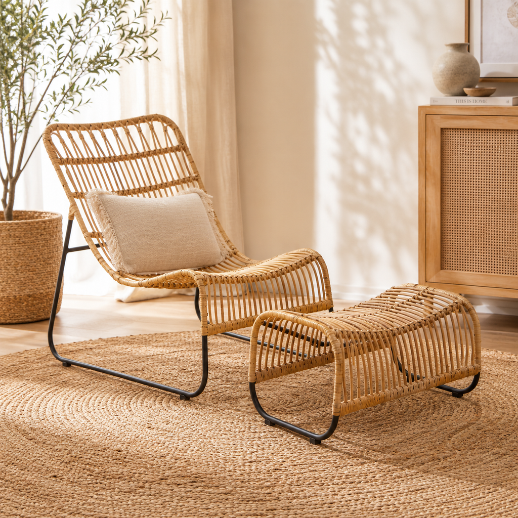 Marano Rattan Chair and Footstool Set – matching natural rattan lounge chair and ottoman, front view