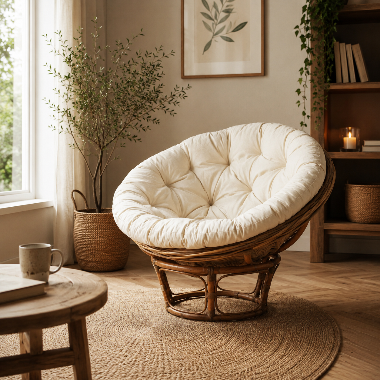 Marano Round Rattan Chair with Cream Cushion – front view of natural rattan papasan bowl