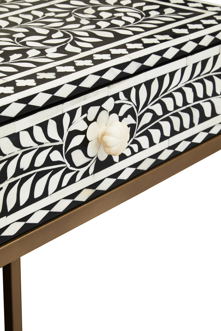 Axis Floral Bone Inlay Console Table drawer open showing storage