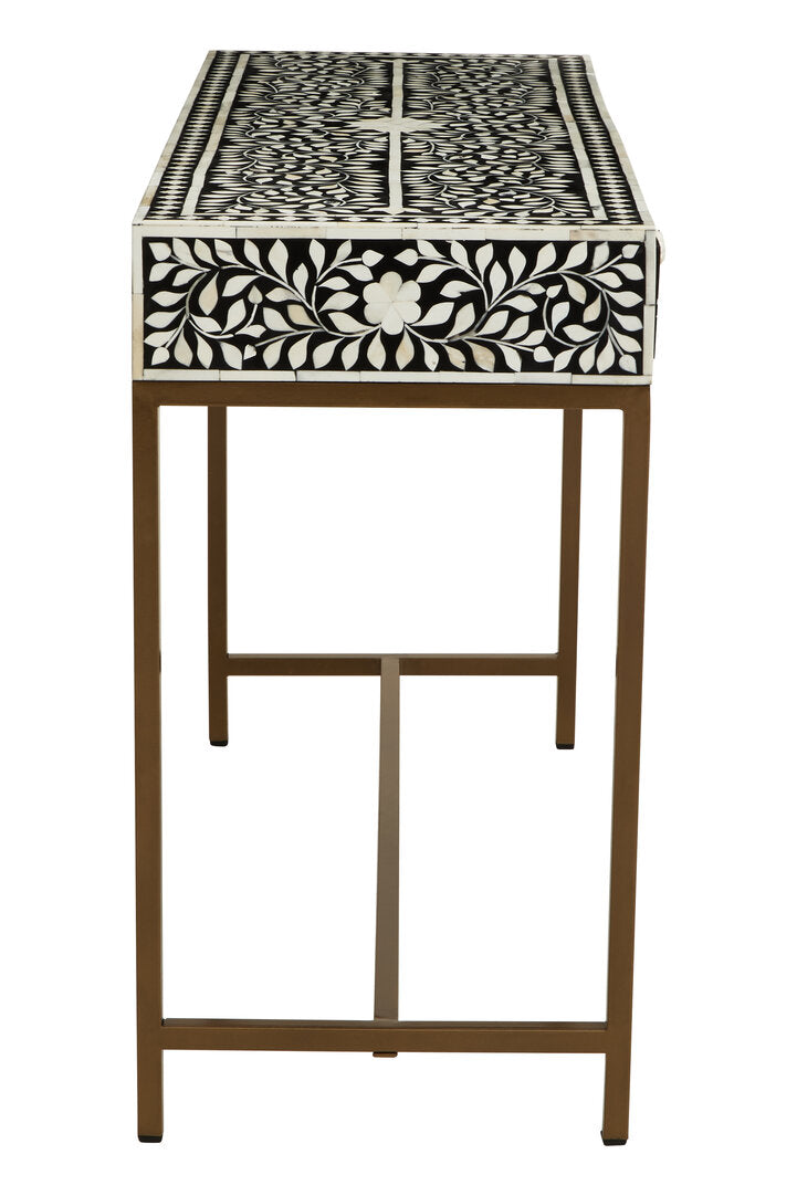 Axis Two Drawer Bone Inlay Console Table styled as dining room sideboard