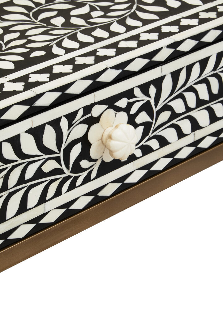 Axis Two Drawer Floral Bone Inlay Console Table three-quarter angle view