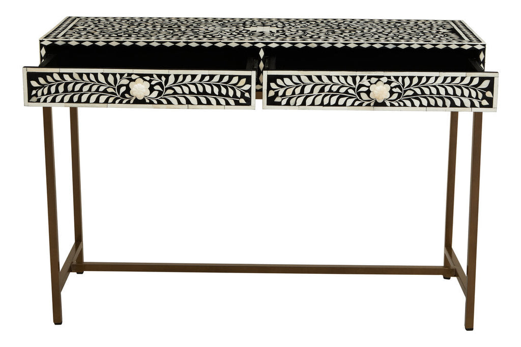 Axis Two Drawer Floral Bone Inlay Console Table white background product shot