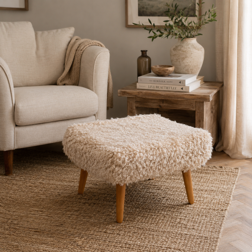 Beige Shearling Sheepskin Footstool – soft beige ethically sourced sheepskin, front view