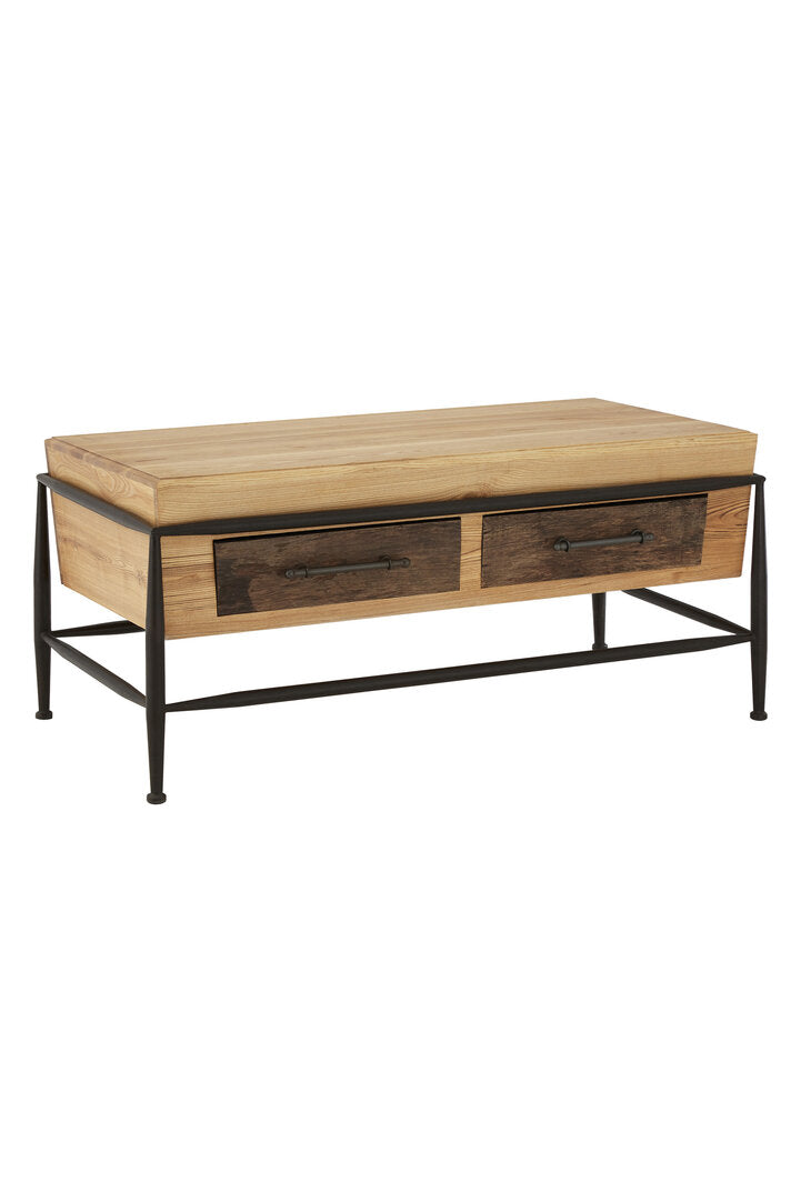 Forma Coffee Table – mango wood top with industrial steel frame, front view
