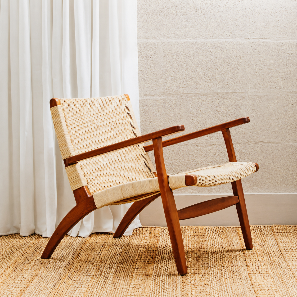 Juno Natural Rattan Woven Chair – handwoven rattan with solid mahogany frame, front view