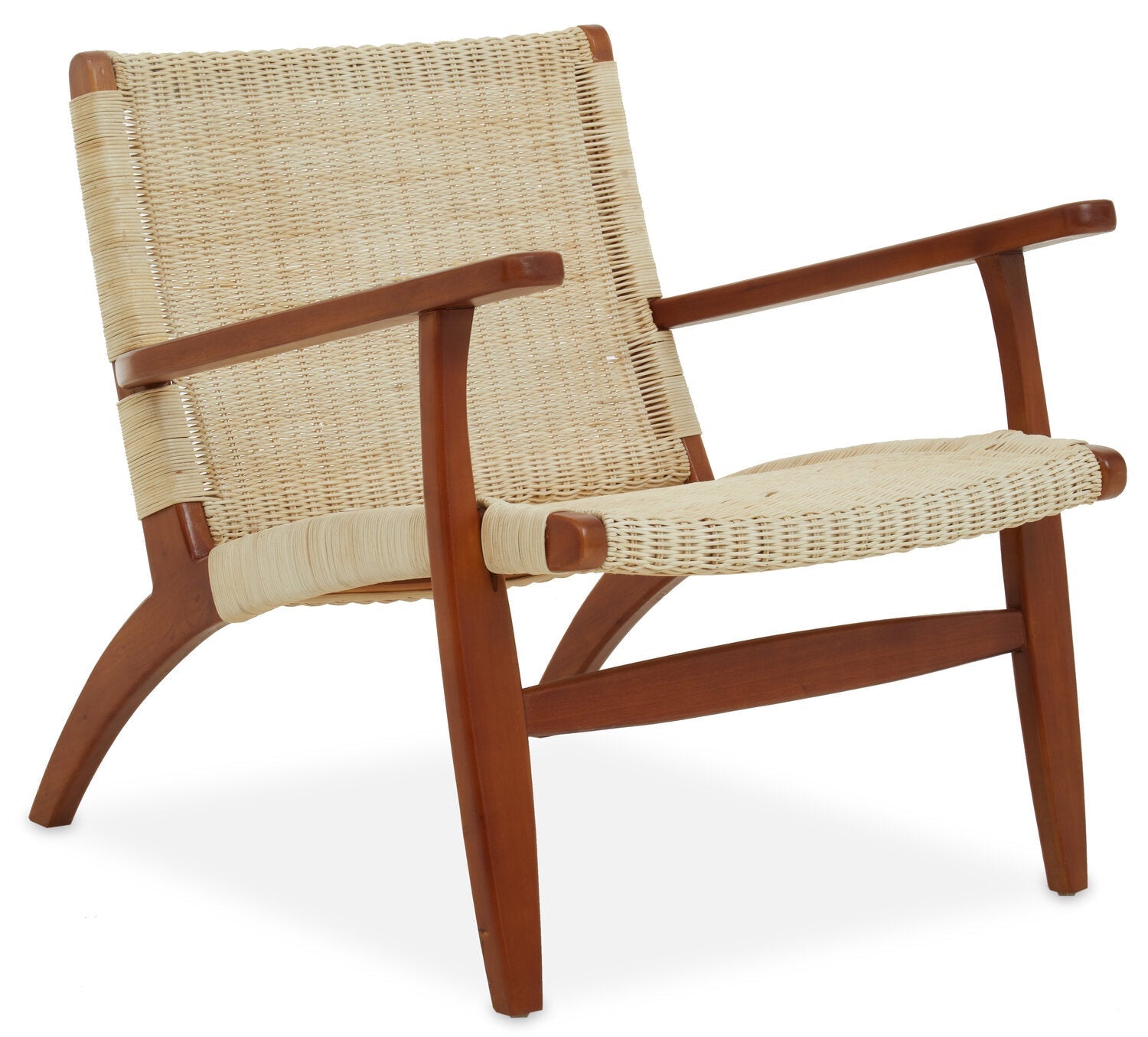 Juno Rattan Woven Chair side profile showing mahogany legs and organic woven texture