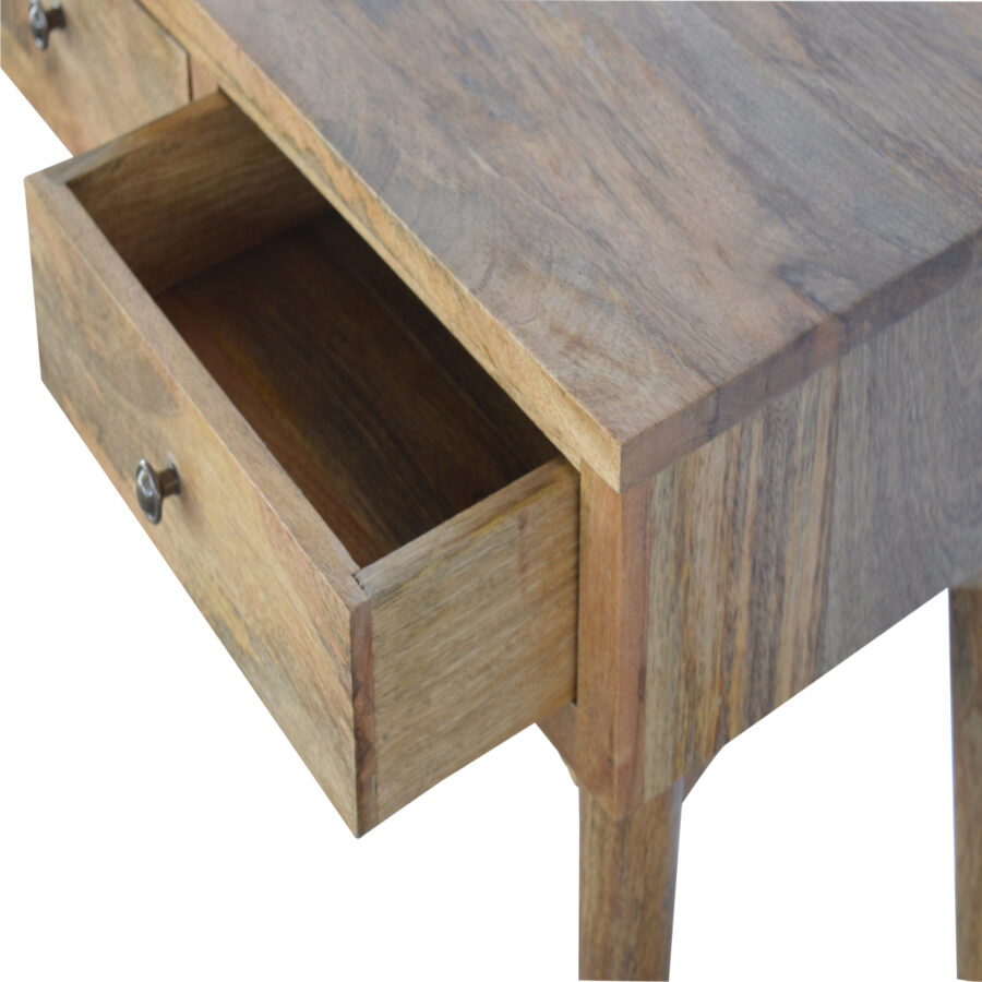 Large 3 Drawer Nordic Console Table styled in hallway with mirror and basket