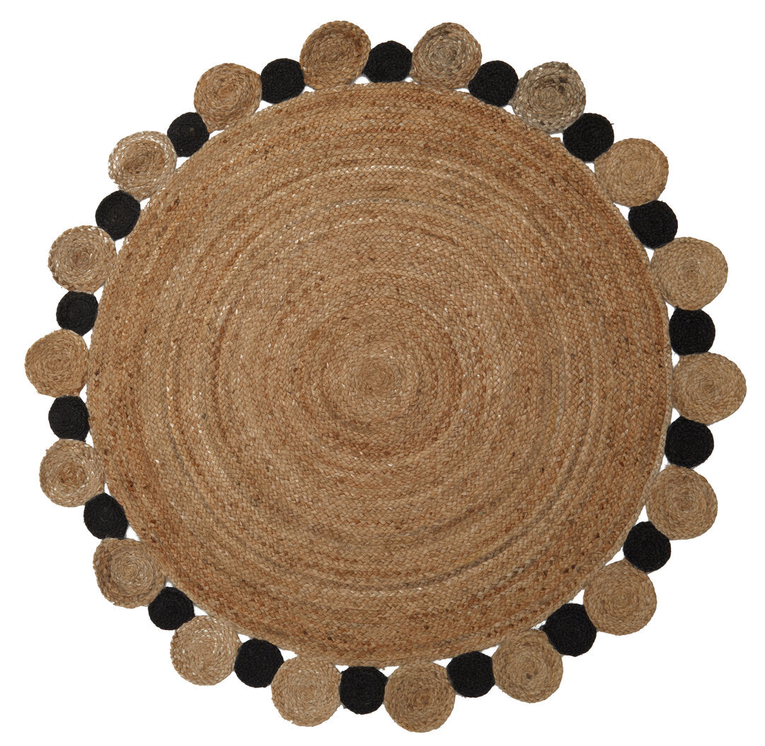 Nuvia Looma Large Natural and Black Jute Rug – round hand-woven rug, overhead flat lay