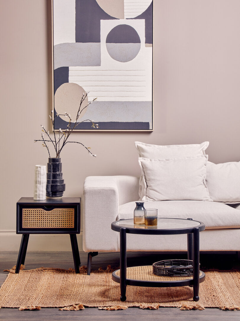 Nuvia Nexo Large Striped Rug styled in living room under seating