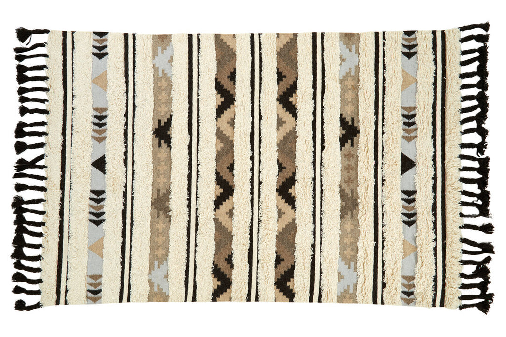 Nuvia Nexo Large Tribal Rug – hand-woven cream and black tribal pattern, overhead flat lay