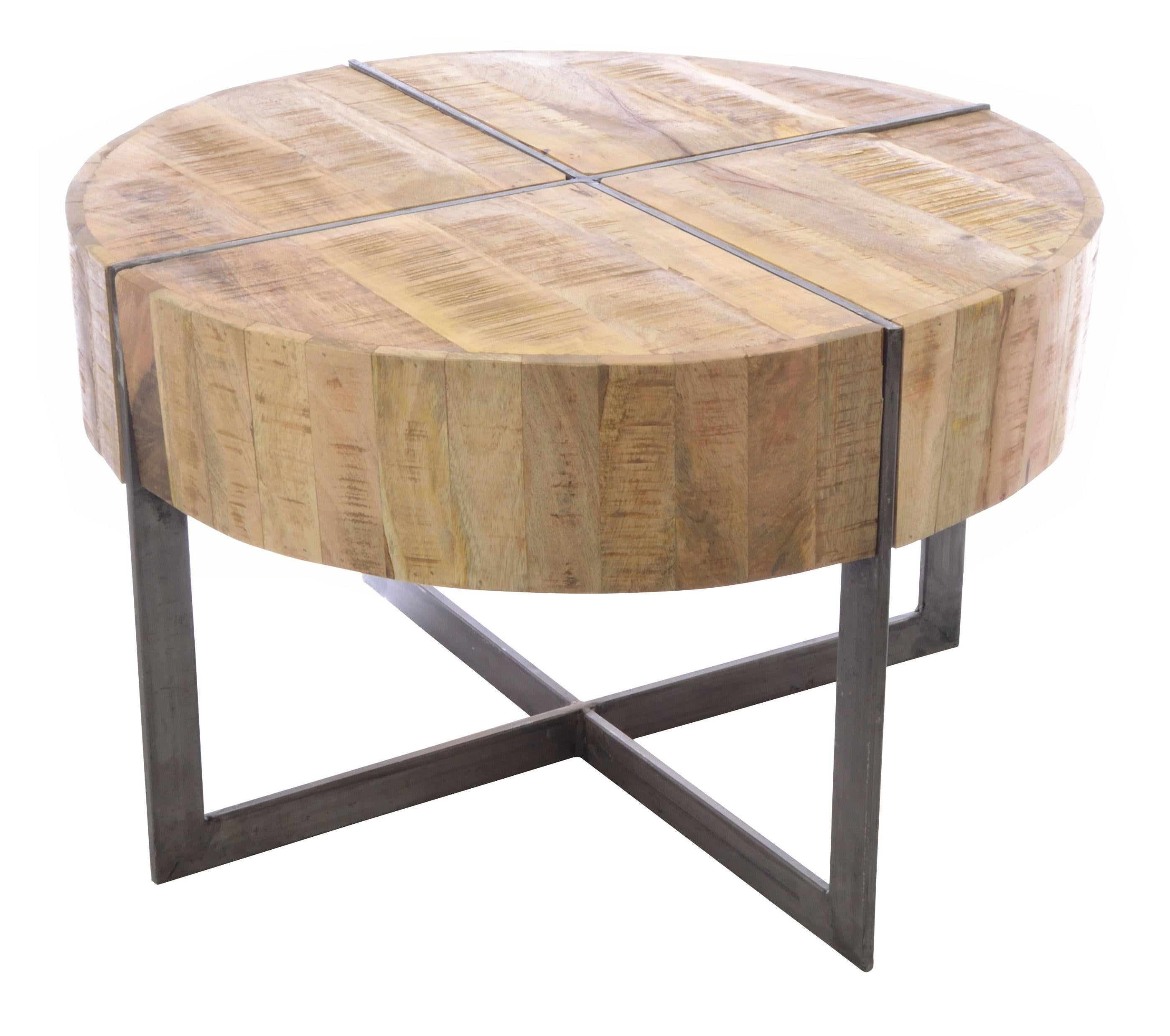 Old Empire Round Coffee Table – solid mango wood and welded steel base, front view