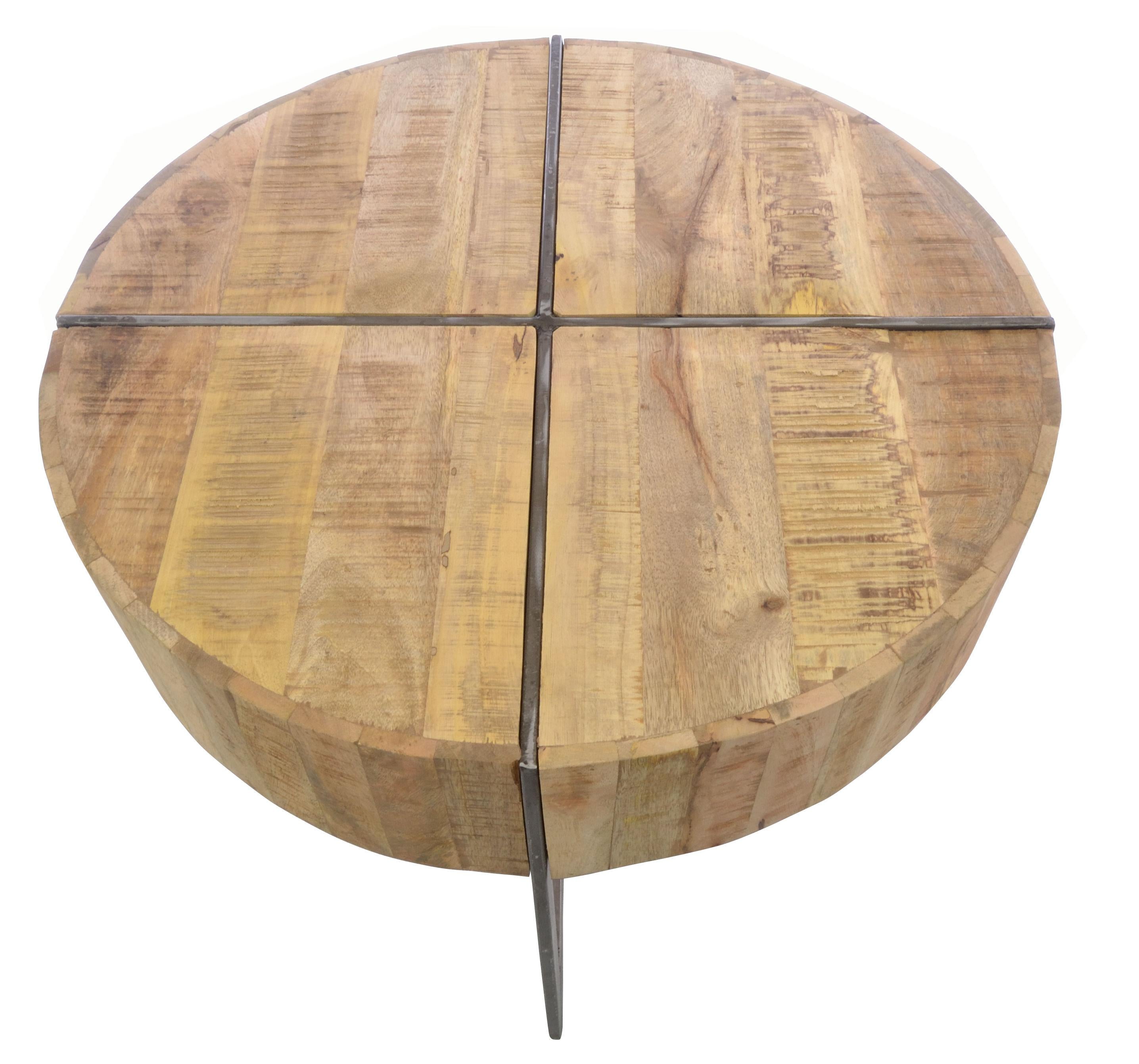 Old Empire Round Coffee Table side profile showing industrial steel base construction