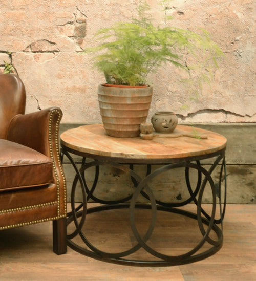Old Empire Round Lattice Frame Mango Coffee Table – solid mango wood top with steel lattice base, front view