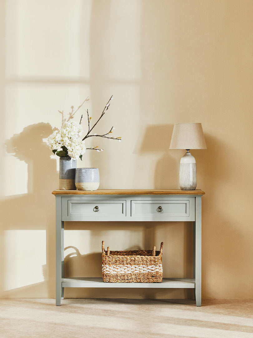 Oxford Antique Grey Console Table – paulownia wood with weathered grey finish, front view