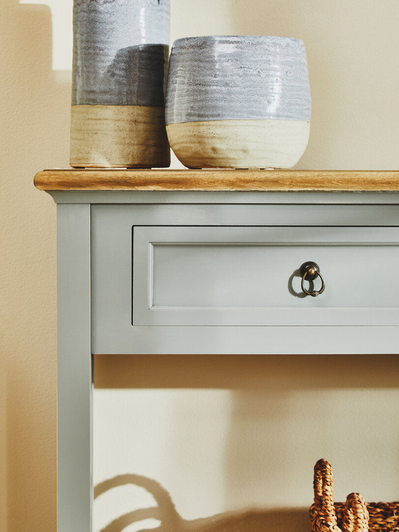 Oxford Antique Grey Console Table styled in hallway with lamp and decorative objects