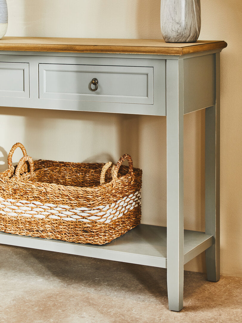 Oxford Antique Grey Console Table wood grain and antique finish detail close-up