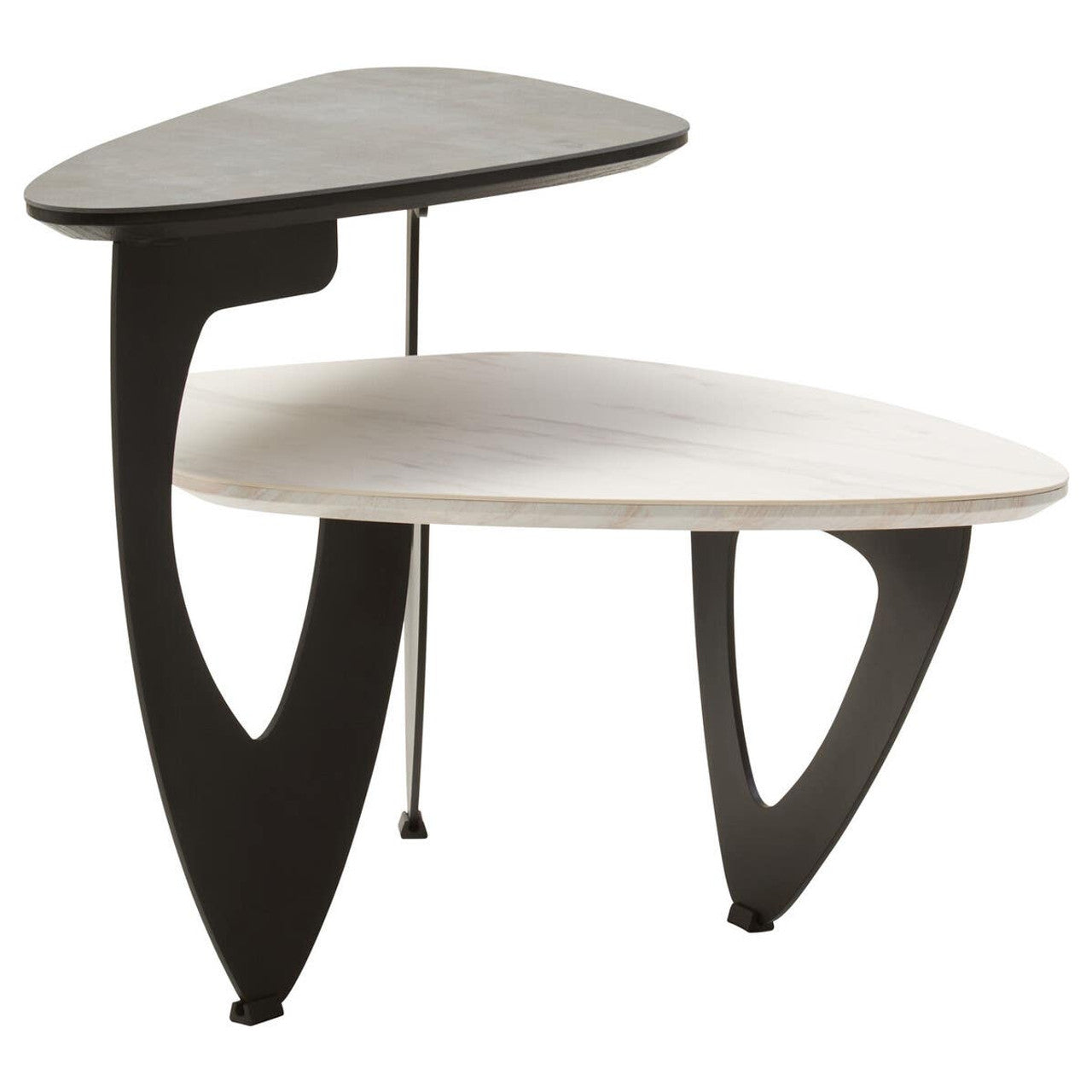 Regalia 2 Tier Small Asymmetrical Ceramic Coffee Table – grey and white marble-effect tops on gold frame, front view