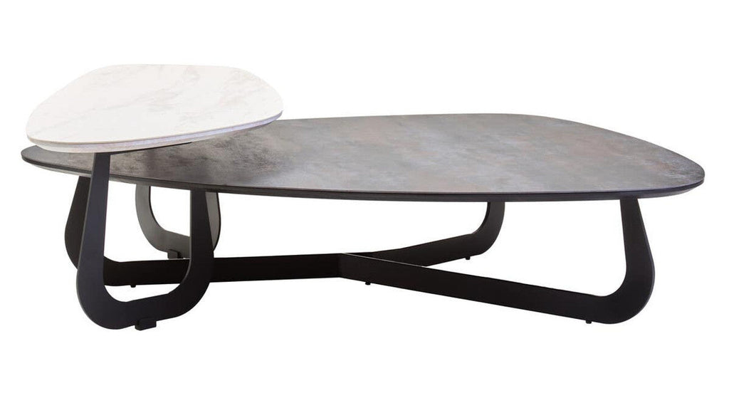 Regalia Large Asymmetric Coffee Table side profile showing gold frame with ceramic tops
