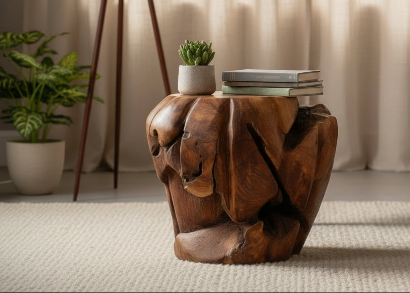 Rustic Teak Root Footstool – solid teak root organic sculptural form, front view