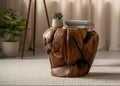 Rustic Teak Root Footstool – solid teak root organic sculptural form, front view