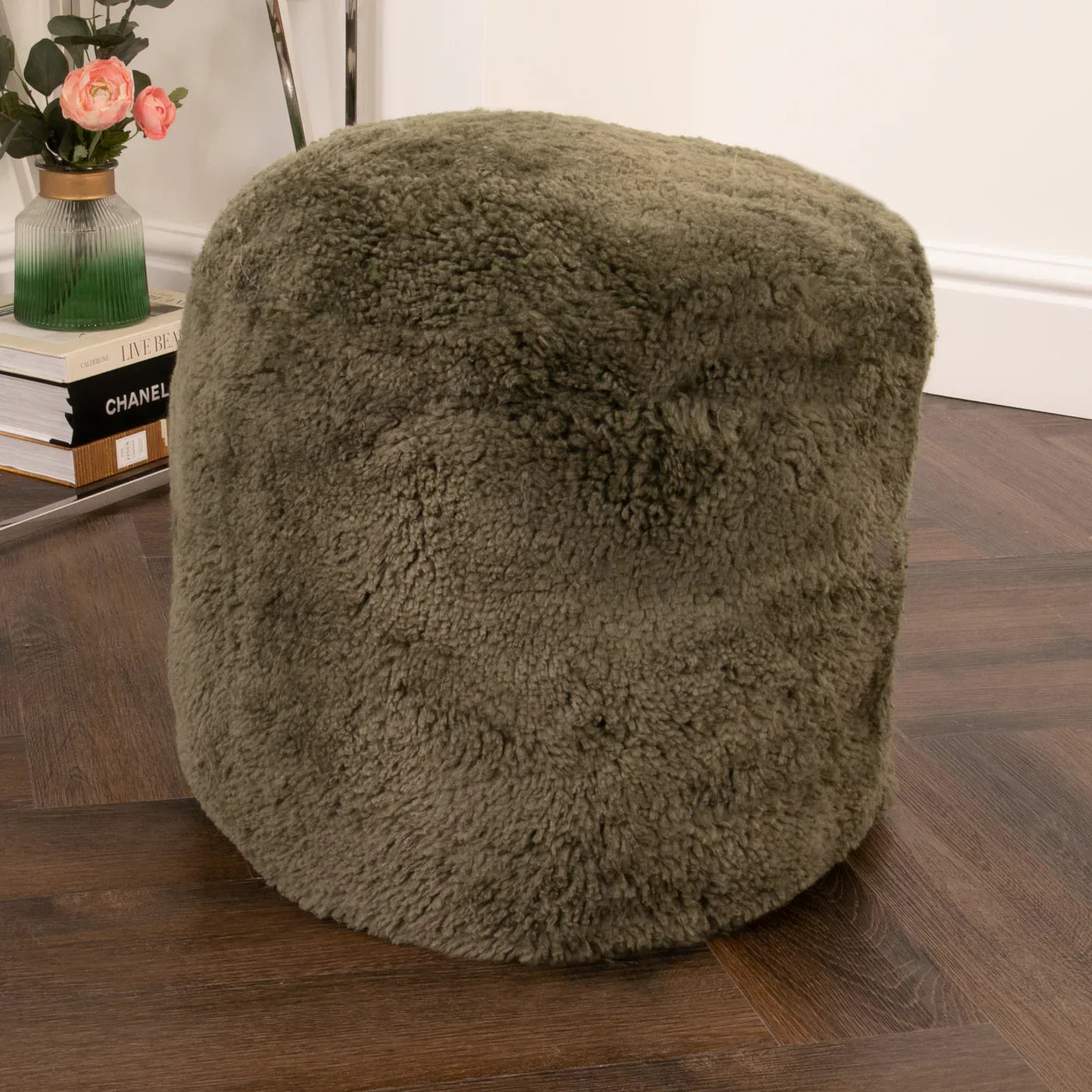Short Pile Sheepskin Khaki Green Footstool Pouffe – New Zealand sheepskin in earthy green, front view