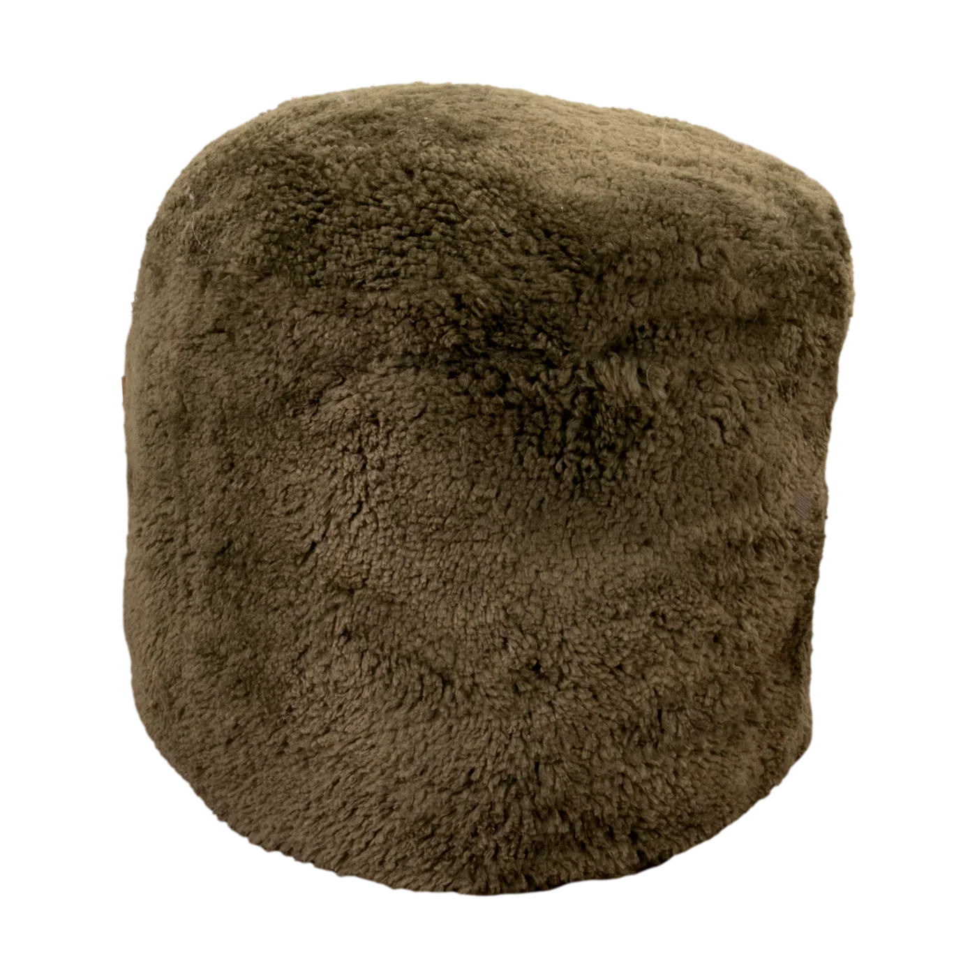 Short Pile Sheepskin Khaki Green Footstool Pouffe styled in bohemian living room