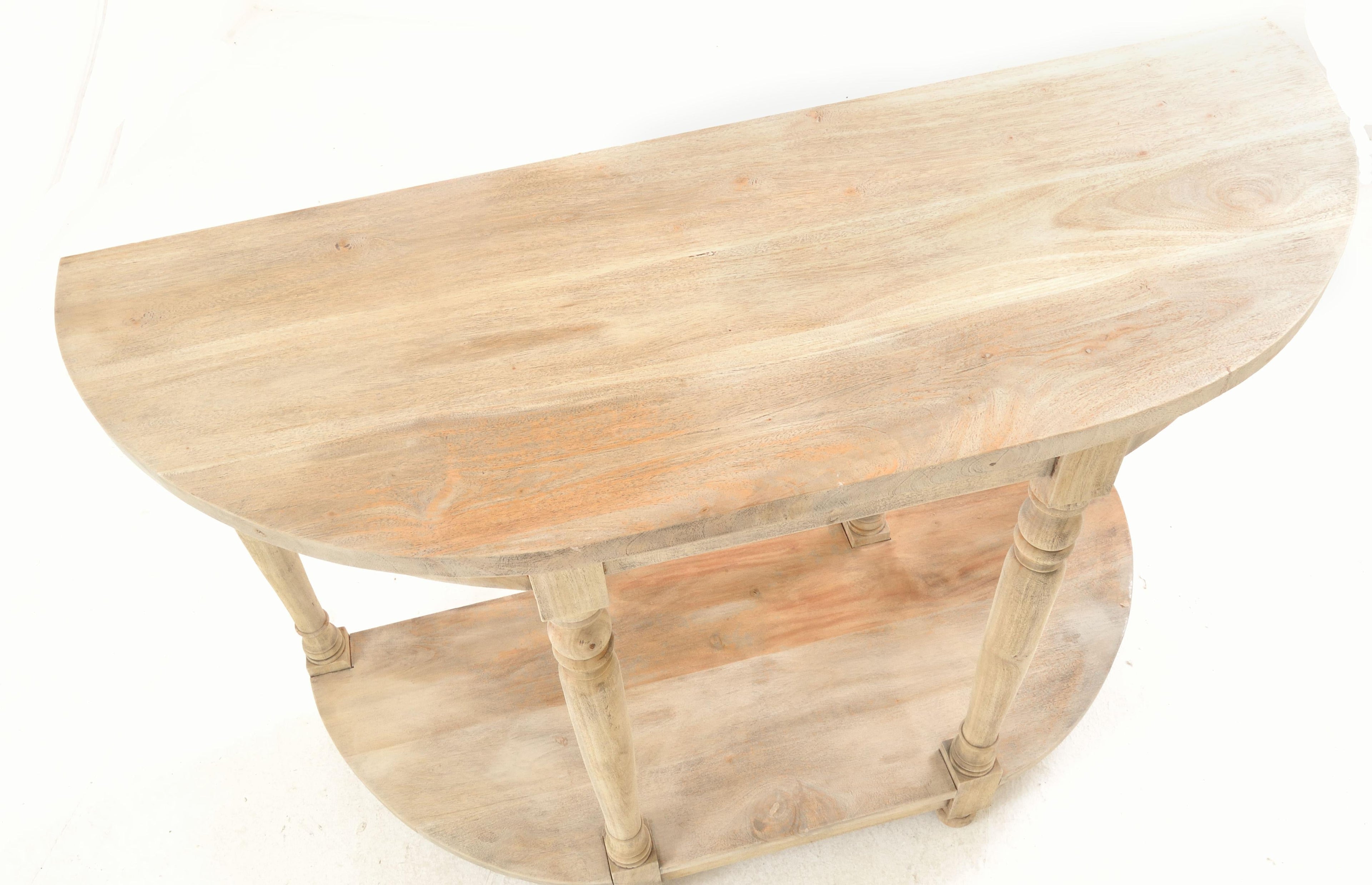 Small Demilune Console Table styled in hallway with lamp and floral display