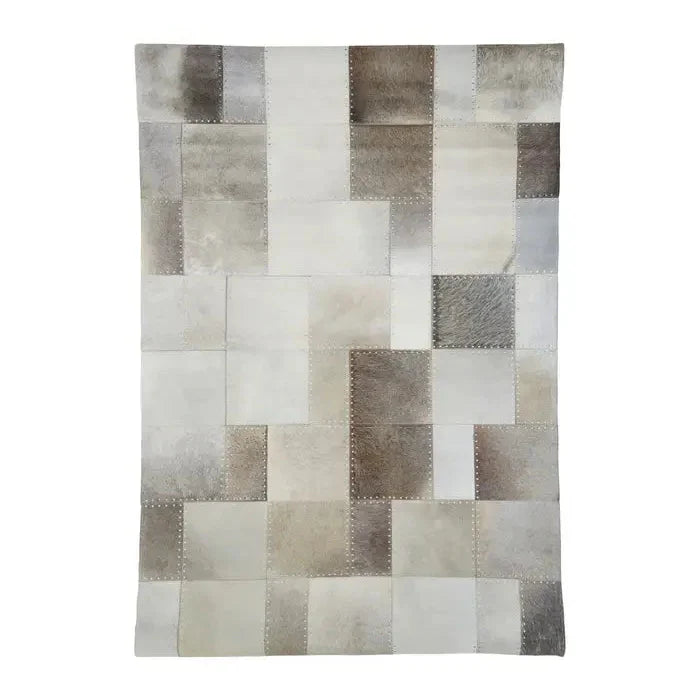 Vale Safira Grey Cowhide Patchwork Rug – natural grey cowhide panels, overhead flat lay