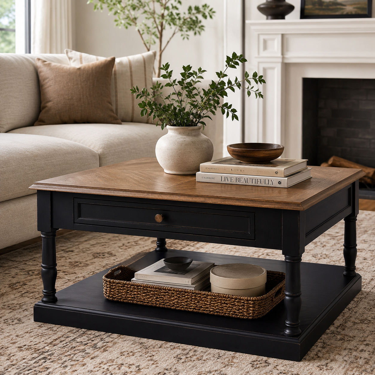 Vienne 1 Drawer Black Coffee Table – natural bayur wood top with black drawer, front view